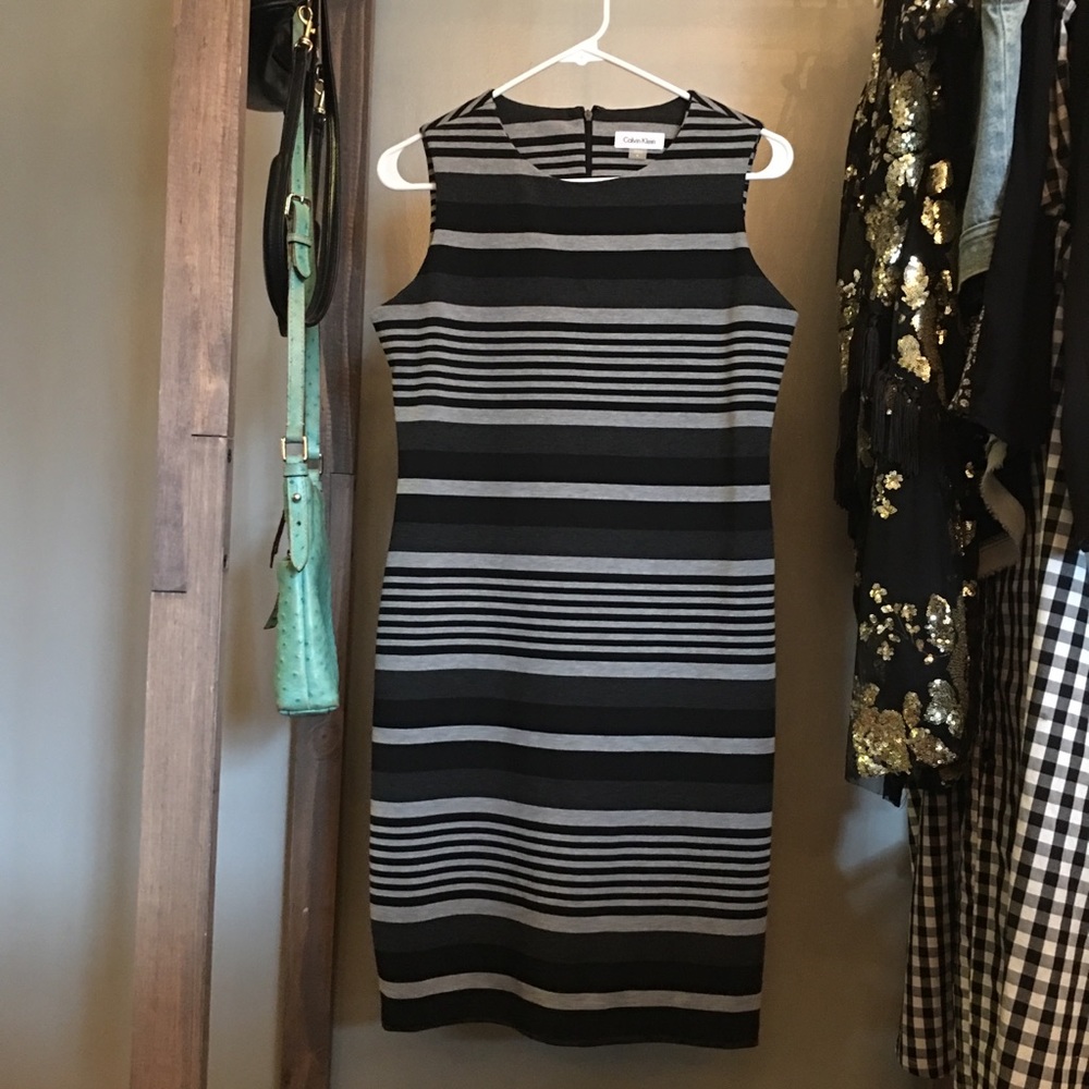 Calvin Klein black & grey striped dress.